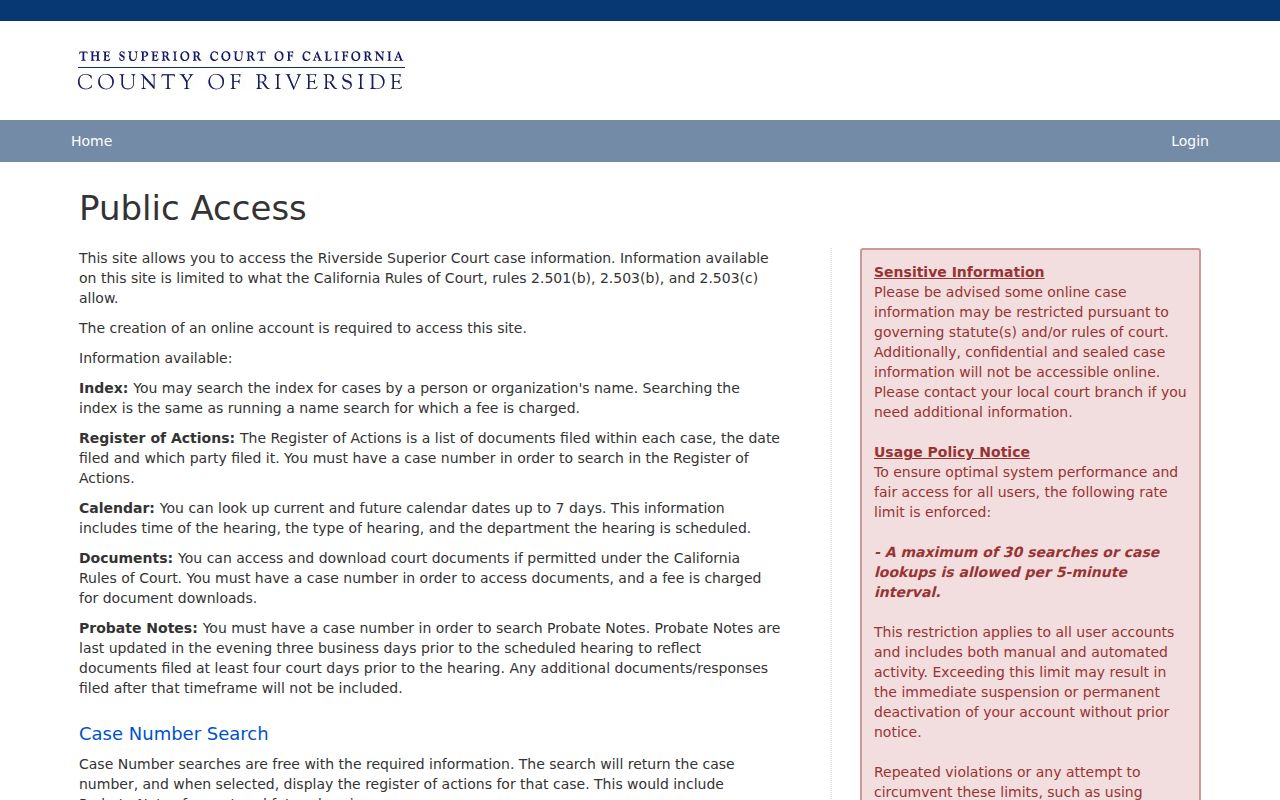 Cathedral City people search Riverside Superior Court Public Access portal