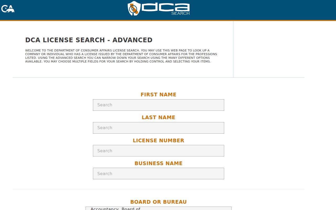 Cathedral City people search California DCA advanced license search fields