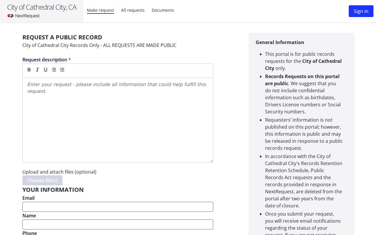 Cathedral City people search NextRequest portal for city public records requests