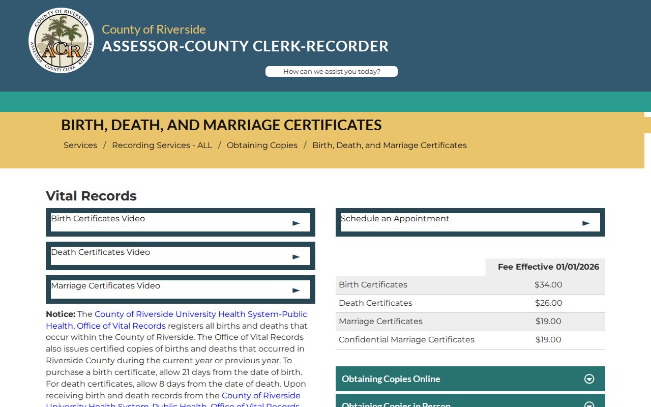 Cathedral City public records vital records application page from Riverside County