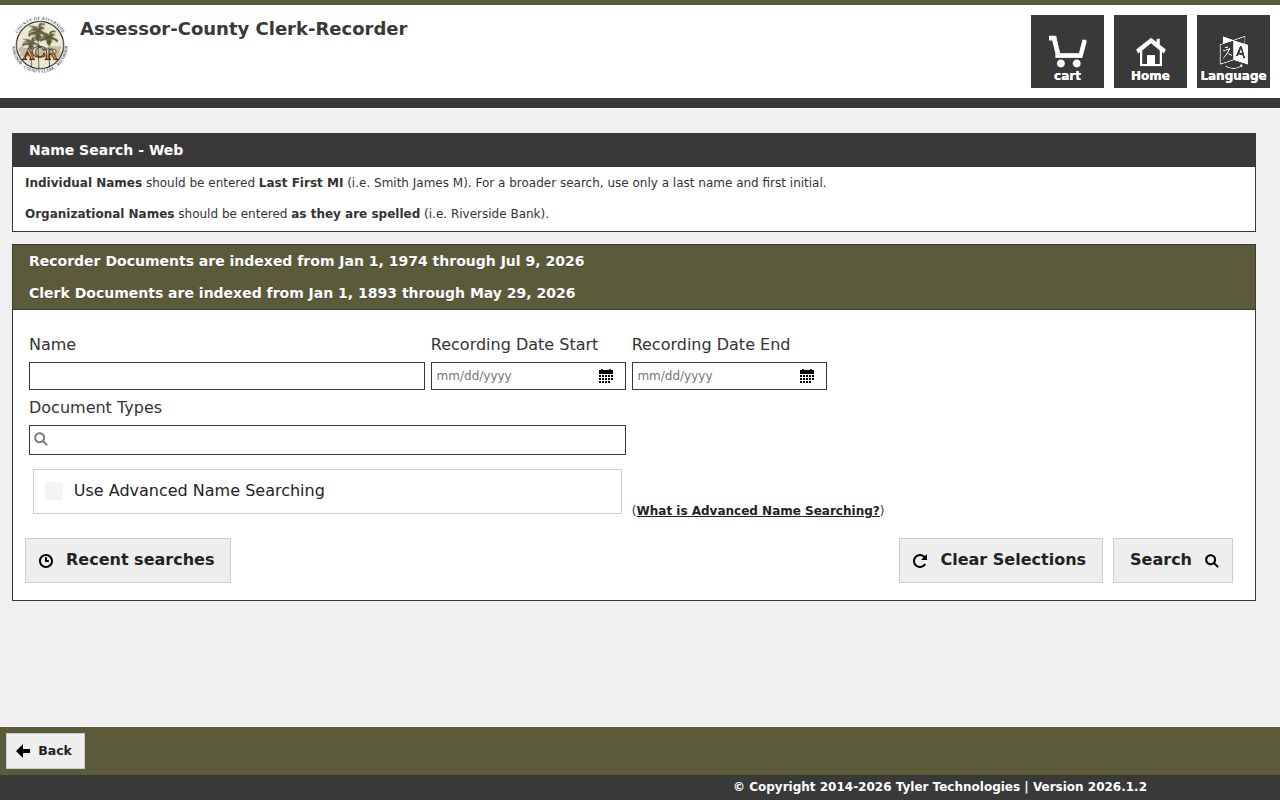 Cathedral City public records recorder name search fields in Riverside County